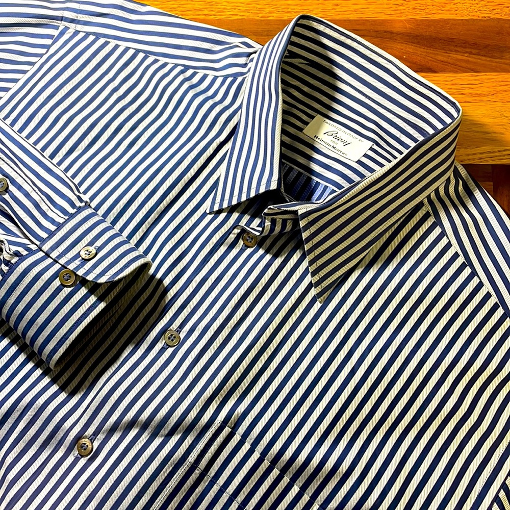 Brioni mens 2XL XXL blue striped button up shirt